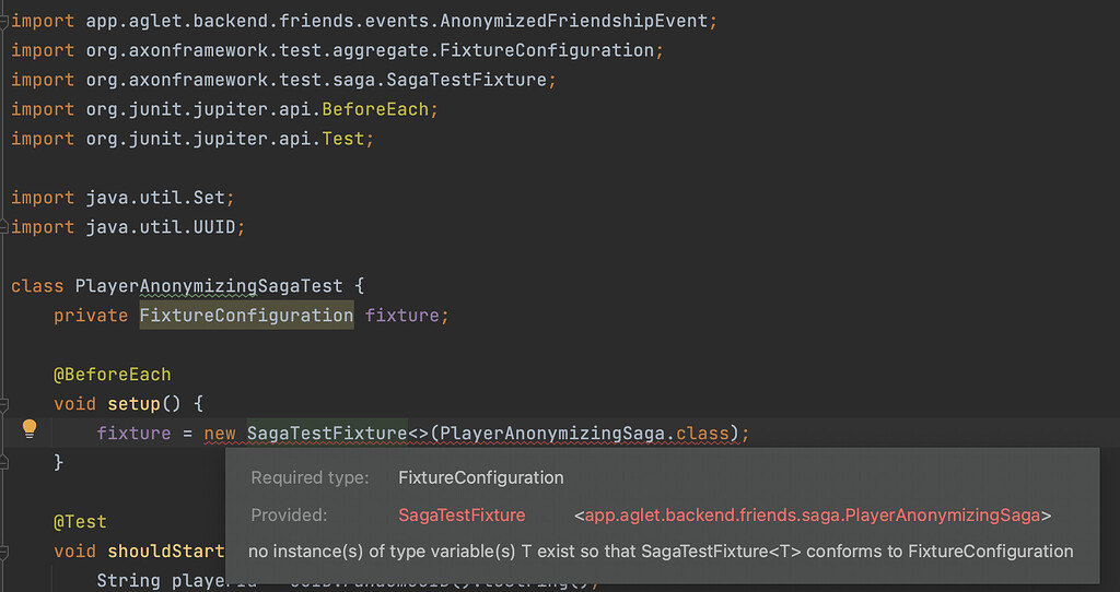 Saga fixture test compilation error - Axon Framework - Discuss.AxonIQ